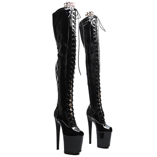 Leecabe 20CM/8 pouces PU verni brillant avec léopard à la mode bout ouvert sexy talon haut plate-forme bottes bottes de pole dance