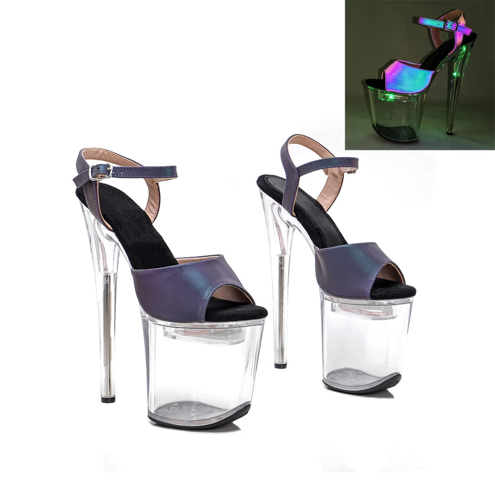 Leecabe 8 Zoll/20 cm holographische PU Obermaterial LED Leuchtende Schuhe für Damen Glühende Plattform Party High Heels Pole Dance Schuhe