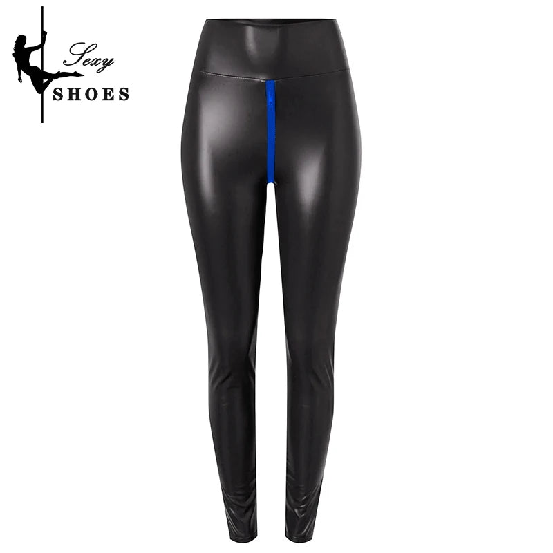 Pantalon short sexy en similicuir noir mat à entrejambe ouvert pour femme, pantalon moulant exotique, effet mouillé, slim, boîte de nuit, fermeture éclair personnalisée