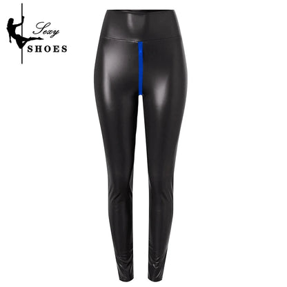 Pantalon short sexy en similicuir noir mat à entrejambe ouvert pour femme, pantalon moulant exotique, effet mouillé, slim, boîte de nuit, fermeture éclair personnalisée