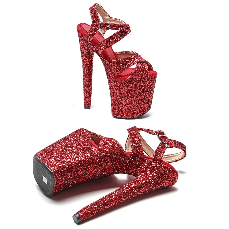 Leecabe Neue designs 20cm/8inch Glitter Oberen ROT Farbe pole dance sandalen dame schuh hohe ferse plattform schuhe