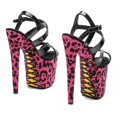 Leecabe 8Inch/20cm Patent  Leopard  lace up Platform Sandals  party High Heels Shoes Pole Dancing Shoes