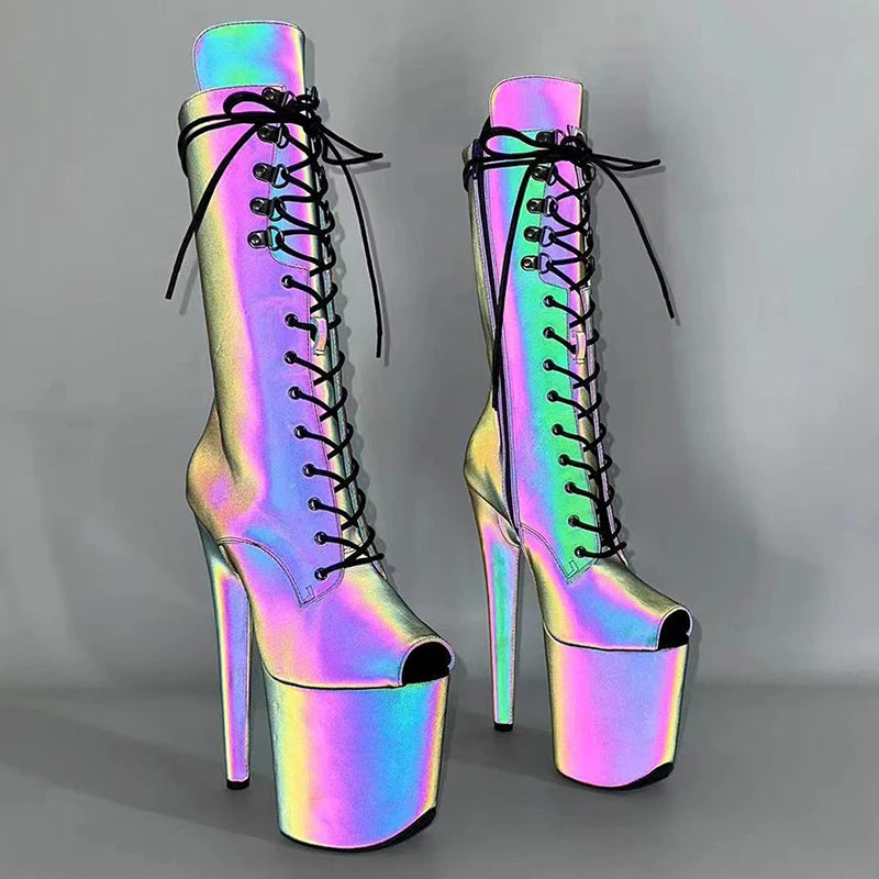 Leecabe 20CM/8Inch Holographic Night light  Small open toe  Fashion trendy  Platform disco party High Heels  Pole Dance boot