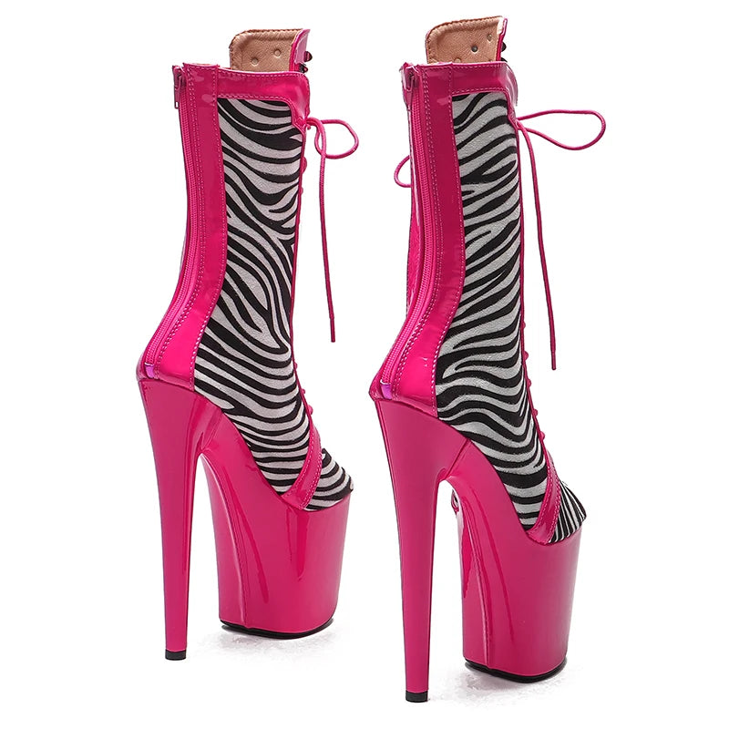 Leecabe 20cm/8inches PU Obermaterial Zebrastreifen mit Lack Fashion Trend High Heel Plateau Pole Dance Stiefel