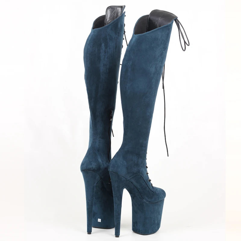 CACA 20CM Talons Hauts Femmes Plateformes Cuissardes, Hommes Night Club Pole Dance Chaussures, Genou Haute Botas, Lacets Avant, Bleu, Couleurs Personnalisées