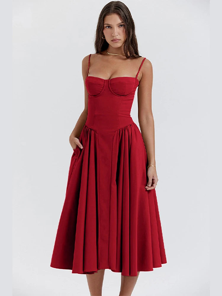 Elegant Sleeveless Backless Pleated Dresses Fashion Women Sexy Solid Sling Midi Dress 2024 New Female Party Evening A-line Robes