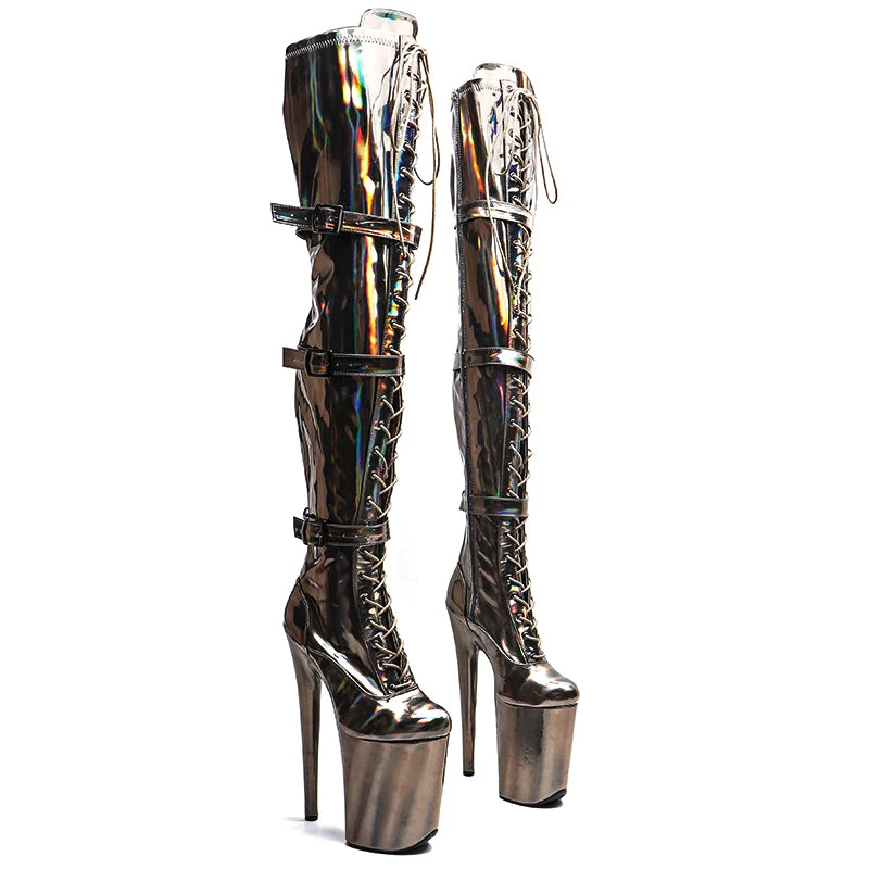 Leecabe 23CM/9 Zoll Holografie Glänzendes PU Obermaterial Modetrend Plateau High Heel Stripperabsatz Pole Dance Stiefel