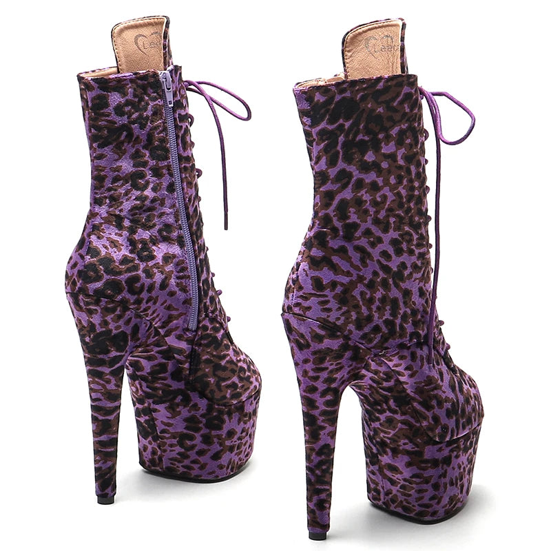 Leecabe 7inch/17CM leopard material  High Heel platform Boots  Pole Dance shoes