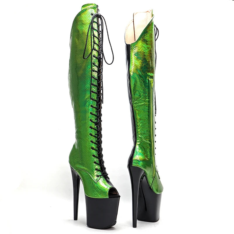 Leecabe 20CM/8Inch Black with green Upper open toe  Platform disco party High Heels Shoes Pole Dance boot