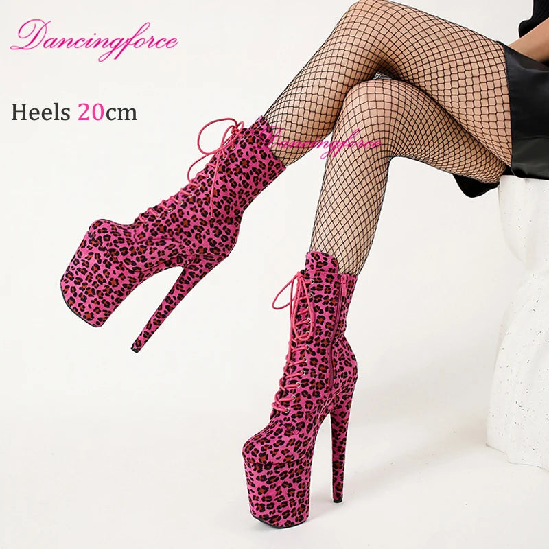 Chaussures de pole dance exotiques sexy 20 cm/8 pouces en daim léopard pêche pour discothèque, bottes à talons hauts pour fête