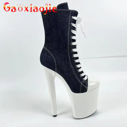 Sexy Damenstiefel mit 20 cm Stilettoabsatz, geschlossener runder Zehenpartie, Plateau-Sneaker aus Canvas, verschleißfest, Pole Dance-Stiefeletten, Stripper-Absatz