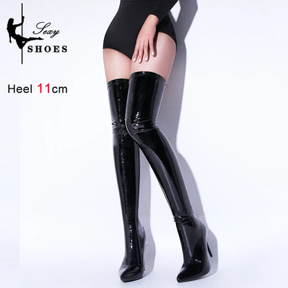 Bottes au-dessus du genou pour femmes noires mates, talons hauts sexy, chaussures élastiques en cuir pour femmes, fermeture éclair latérale, bottes longues à rayures hautes