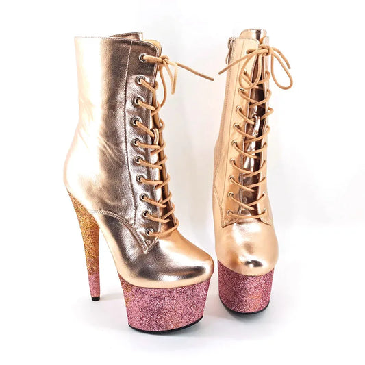 Leecabe Newest 17CM Shinny gold material Women's platform Pole dancing Ankle shoes Glitter platform Boots  Pole Dancing boot