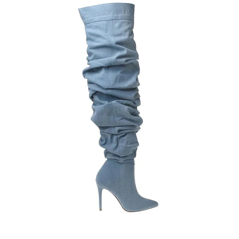 2023 Over Knee Pleated Denim Boots Europe and America 35-43 Fashion  New Pointed Boots Autumn Women's Suede High-heeled Boots