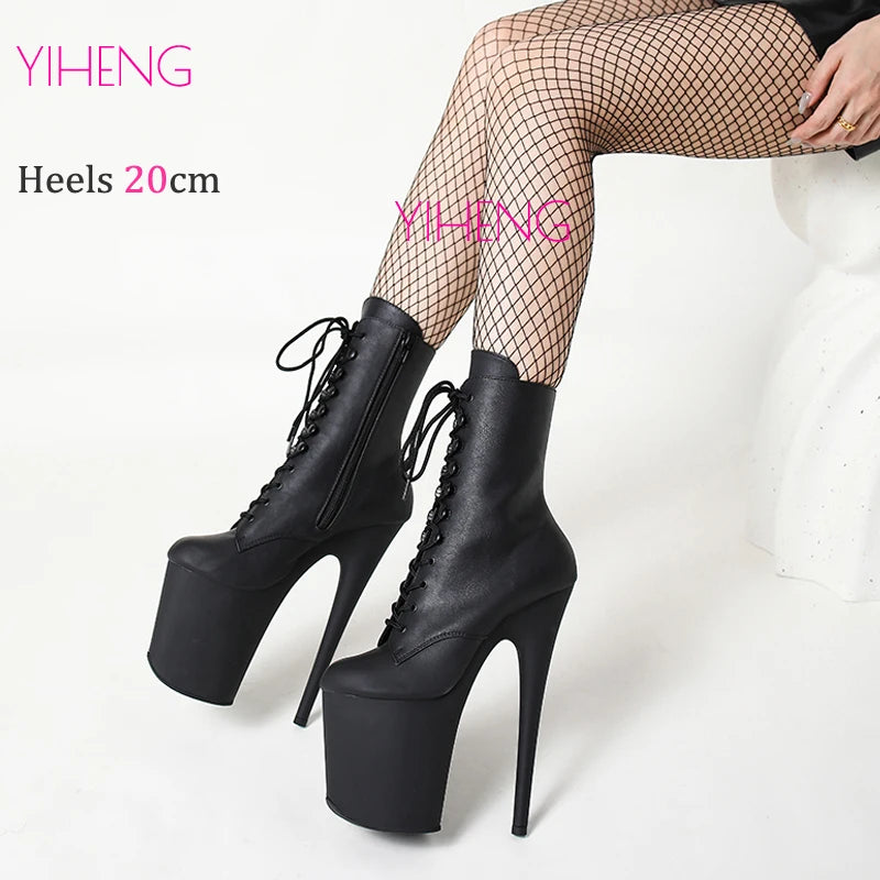 Ultra High Heels 20CM Round Toe Nightclub Catwalk Platform Boots Pole Dance Stripper Party Shoes Sexy Black Women Ankle Boots