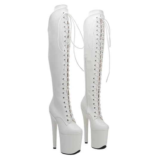 Leecabe Chaussures à talons hauts en PU blanc de 20 cm/8 pouces pour femme, chaussures de soirée disco, bottes de pole dance