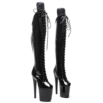 Leecabe 20CM/8 pouces brillant verni PU bout ouvert talon haut plate-forme bottes bottes de pole dance