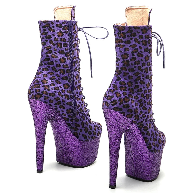 Leecabe 7inch/17CM  Leopard Upper with glitter High Heel platform Boots closed toe Pole Dance boot