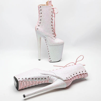 Leecabe 23CM/9inches   White color  mix pink color Glitter  PU  Pole dancing platform Pole Dance boots