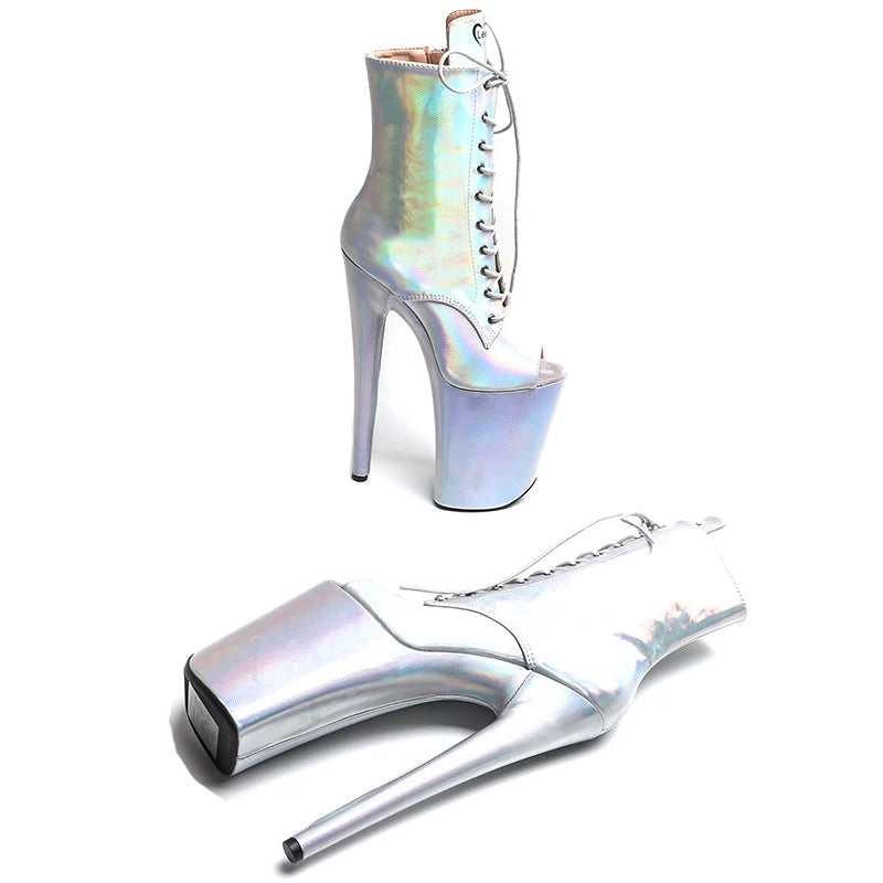 Leecabe 23CM/9 zoll Glänzendes PU Obermaterial silber farbe Mode trend offene spitze High Heels Pole Dance stiefel