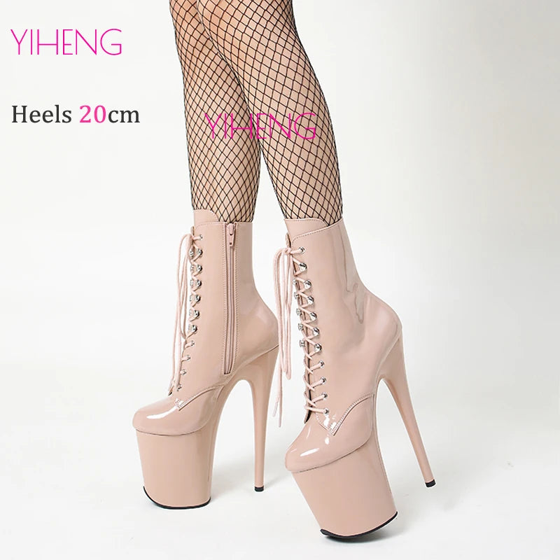 20CM/8 Zoll Pole Dance Stiefel Glänzende Plateau Stripper Heels Damen Stiefeletten Schnürstiefel mit Reißverschluss Roman Fashion Lady Knight Stiefel