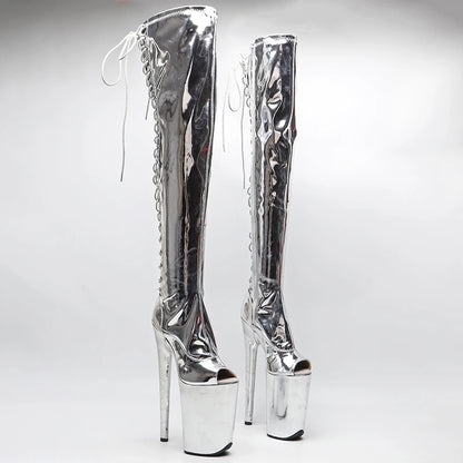 Leecabe   23CM/9inches Shiny   PU   Open Toe fashion  lady  High Heel platform  Pole Dance boots