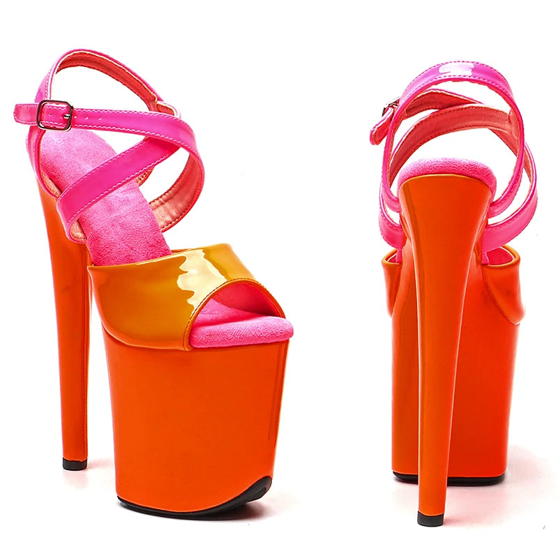 Leecabe 20cm/ 8inches Patent  PU Orange with hot pink Starp    platform  high heel sandals  pole dance shoes