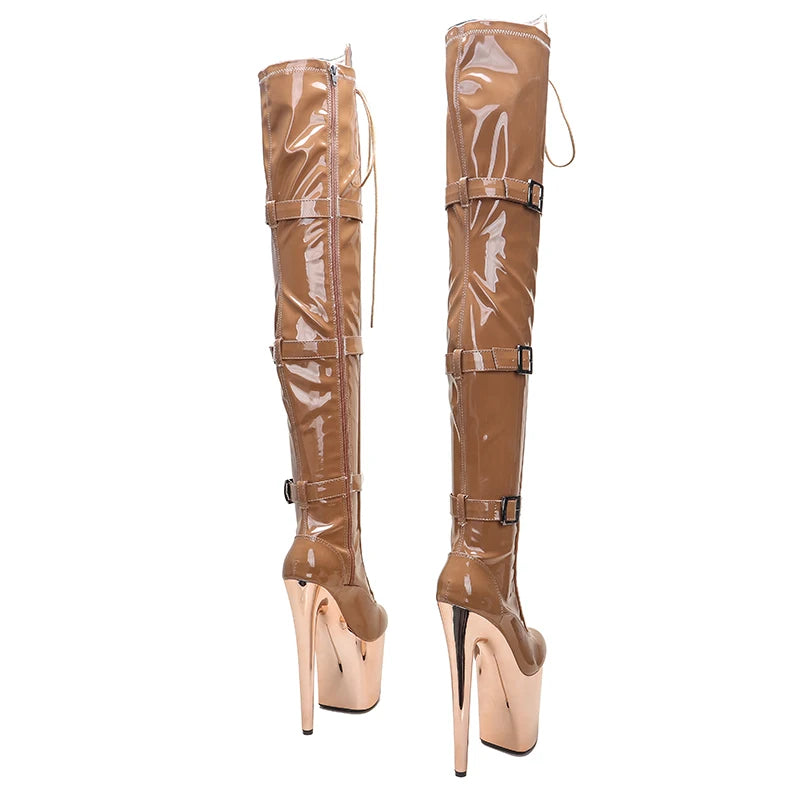 Leecabe 20CM/8 pouces bottes à talons hauts en cuir verni à bout fermé au-dessus du genou bottes de pole dance