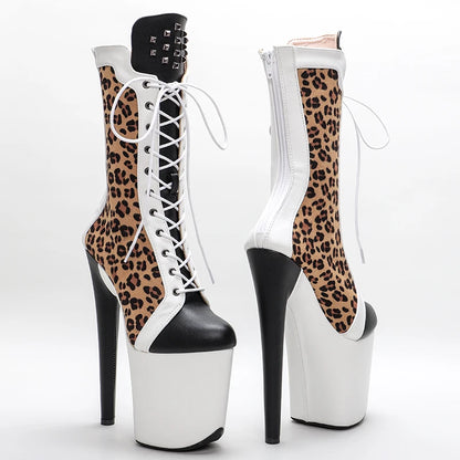 Leecabe 20CM/8inch Léopard avec tige en PU mette talons hauts mode Pole Dance boot