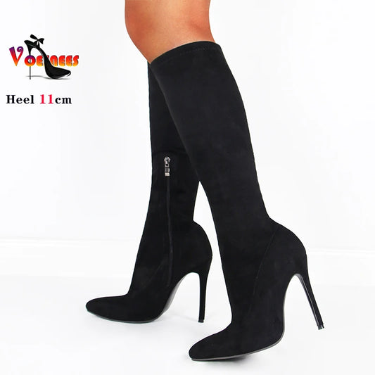 Bottes mi-mollet à talons fins en faux daim noir de haute qualité pour femmes, mode printemps, bout pointu, fermeture éclair, escarpins de fête solides et sexy, taille 35-43