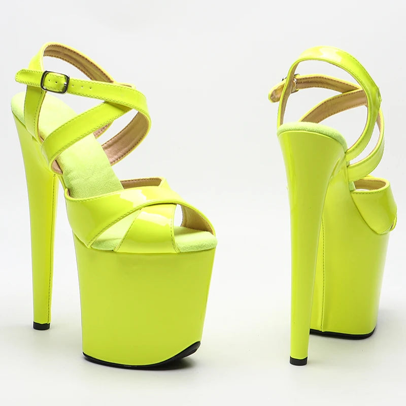 Leecabe 20cm/8inch Brillant Verni PU Couleur Jaune fluo Sandales à talons hauts Modèle sexy Chaussures Pole Dance Chaussures