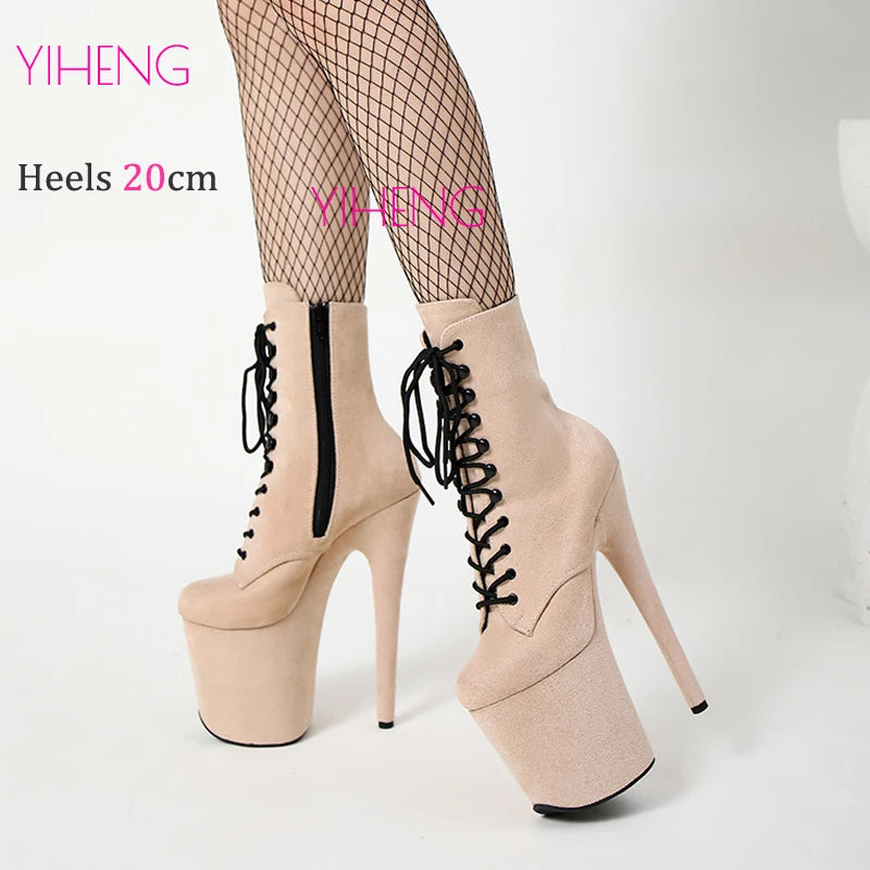 Sexy Exotic Beige Suede 20cm 8Inch Pole Dance Boots Stripper Heels Platform Women Ankle Boots Lace-up Zip Striptease Shoes