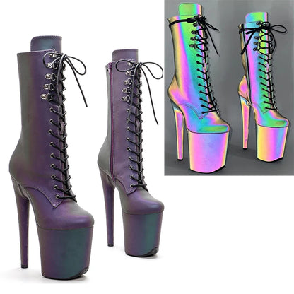 Leecabe 20CM/8Inch Holographische PU OBERMATERIAL Mode trendy stil Plattform disco party High Heels Schuhe Pole Dance stiefel