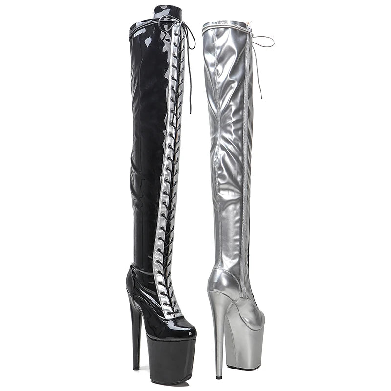 Leecabe 20CM/8Inch PU Tige noire avec argent Exotique Sexy Mode Tendance Plateforme disco fête Talons Hauts Chaussures Pole Dance botte