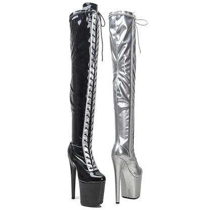 Leecabe 20CM/8Inch PU Tige noire avec argent Exotique Sexy Mode Tendance Plateforme disco fête Talons Hauts Chaussures Pole Dance botte