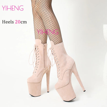 Sexy Beige Suede 8"Heel 4"Platform Extreme Pole Dance Shoes Fetish Peep Toe Lace-Up Ankle Boots Size35-41 Fast Shipping