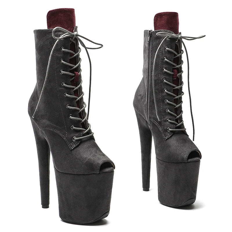 Leecabe  Grey suede with RED touge 20CM/8inches  High Heel platform  open toe Pole Dance boots