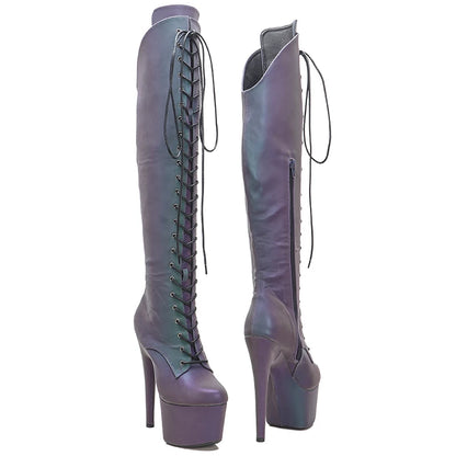 Leecabe 17CM/7inches holographic PU Pole dancing shoes High Heel platform Pole Dance boot