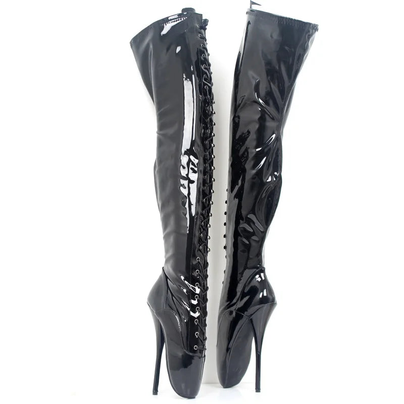 CACA Fetish 18cm/7" Bottes de ballet à talons hauts extrêmes pour femmes, chaussures de pole dance pour hommes, bottines gothiques punk reine croisées