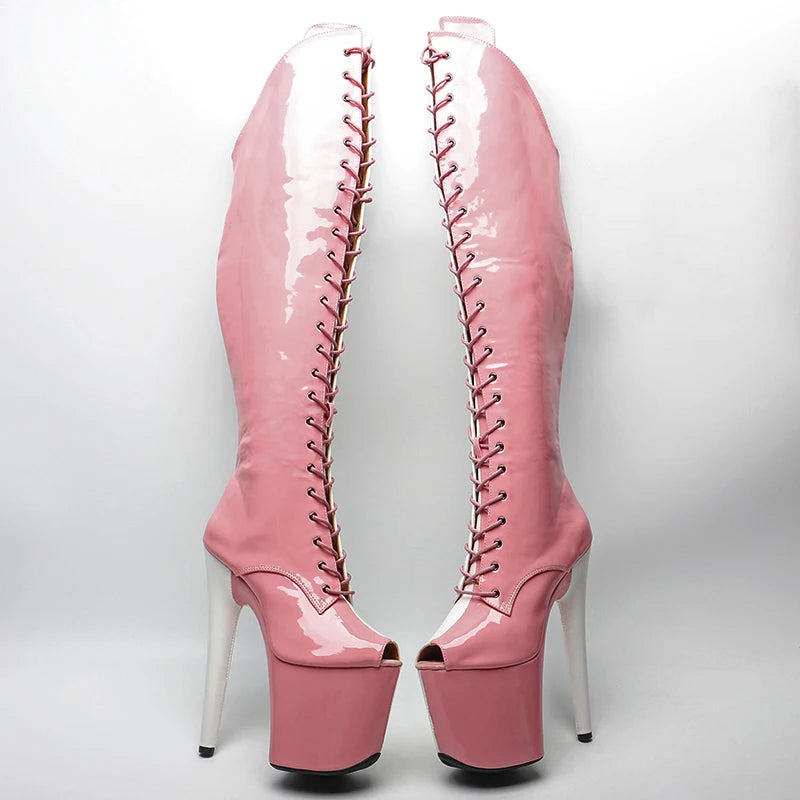 Leecabe 20CM/8inches Patent upper pink with white color High Heel platform  Open  toe Pole Dance boots