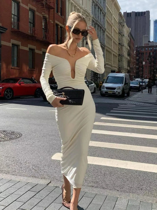 Sexy Off Shoulder Falten Lange Ärmel Langes Kleid Frauen Weiß Tiefem V-Ausschnitt Plissee Bodycon Kleider Elegante Abend Party Kleider