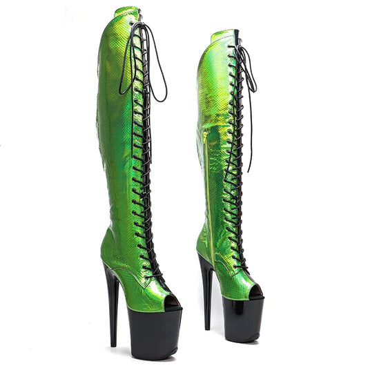 Leecabe 20CM/8Inch Noir avec Tige Verte Bout Ouvert Plateforme Disco Party Chaussures Talons Hauts Pole Dance Boot