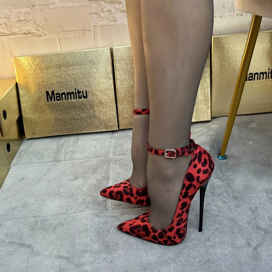 CACA 16cm Leopard High Heels,Women Pumps,Fetish Stage Pole Dance hoes,Sexy Pointed Toe,Ankle Buckle Strap,Red,Big SIze 46,Drop