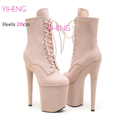 Sexy Beige Suede 8"Heel 4"Platform Extreme Pole Dance Shoes Fetish Peep Toe Lace-Up Ankle Boots Size35-41 Fast Shipping