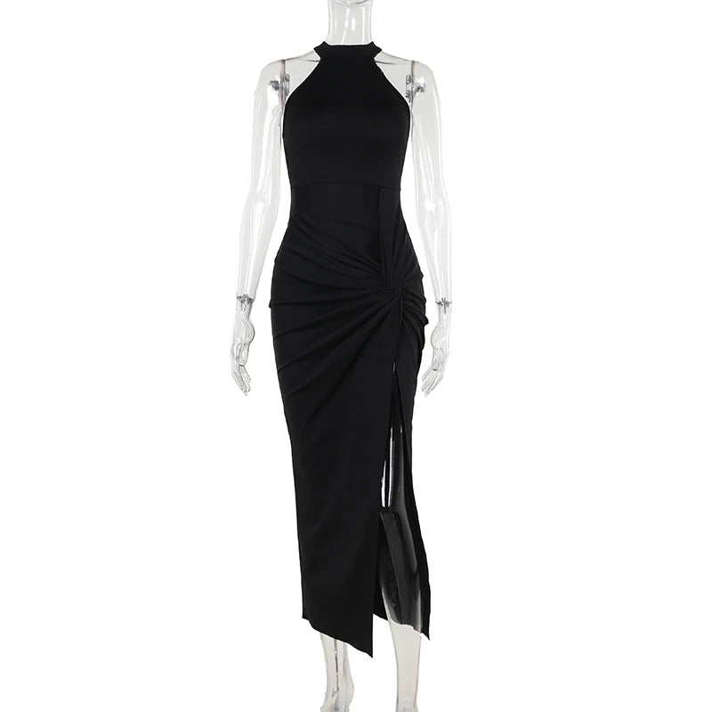 European And American Style Hanging Neck Slit Temperament Dress Autumn New Sexy Backless Slim Fit Long Dress  YJ24232MHOS