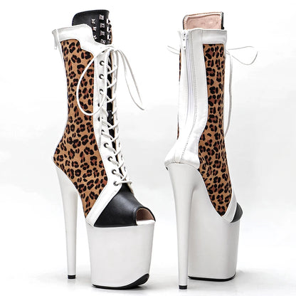 Leecabe 20CM/8Inch Léopard blanc mette PU dessus ouvert mode talons hauts Pole Dance boot