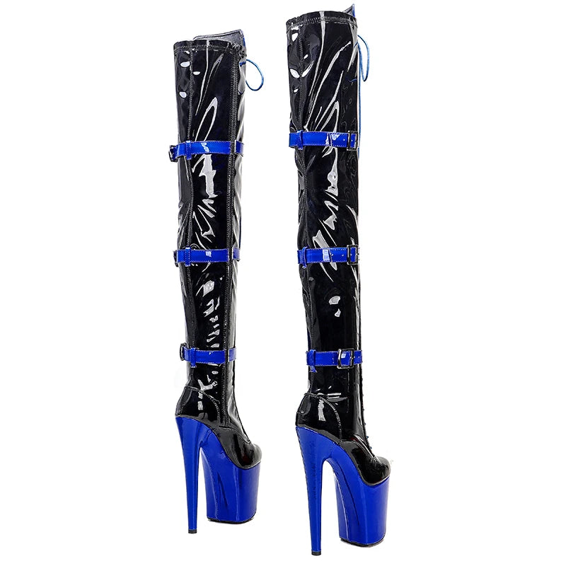 Leecabe  20CM/8inch Black  with blue  Patent  Fashion trend Pole dancing High Heel platform Boots