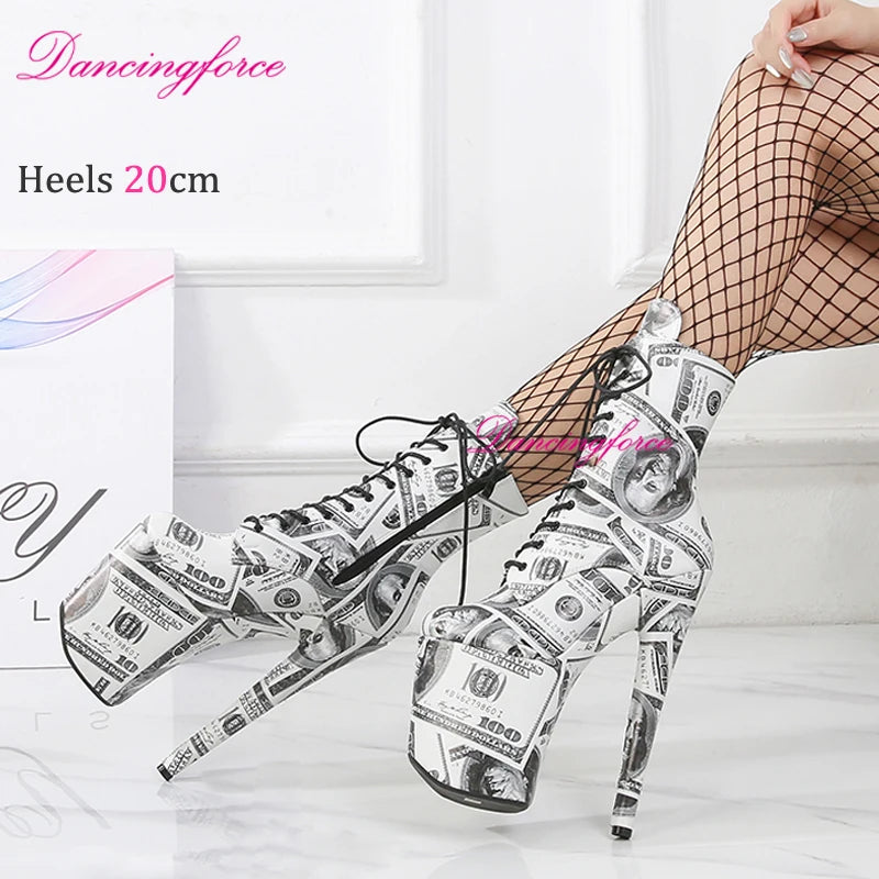 20 cm/8 Zoll Sexy Dollar Print Stripper Plateau Pole Dance Stiefeletten Runde Zehen Kurze Stiefel Dünne Absätze Fetisch Schuhe Damen