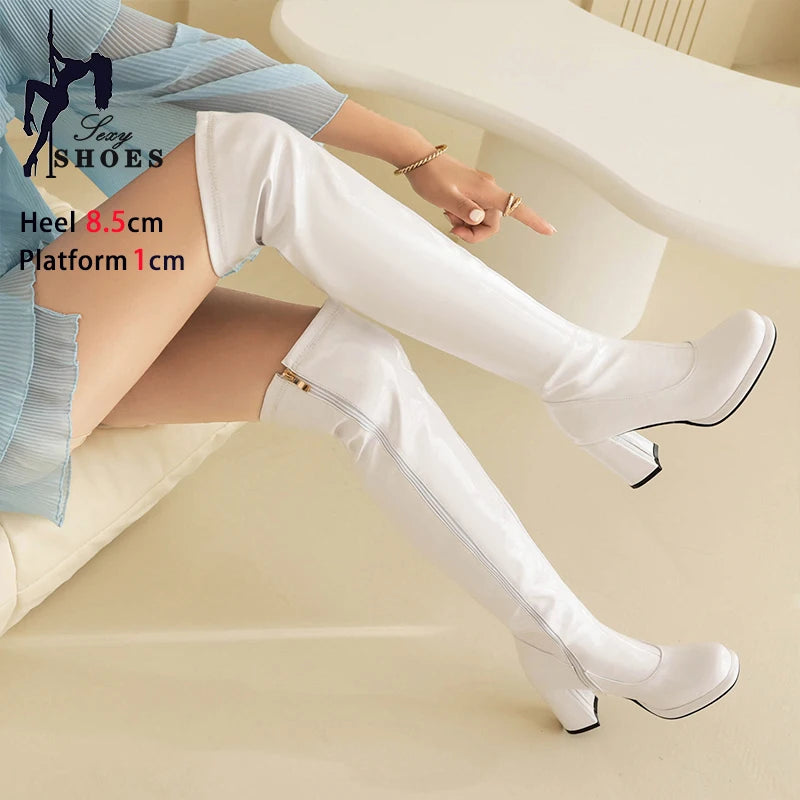 8.5CM Chunk Heels Women Over The Knee Boots Side Zip White Leather Autumn Winter Long Shoes Thigh High Boots Plus Size 44 45 46