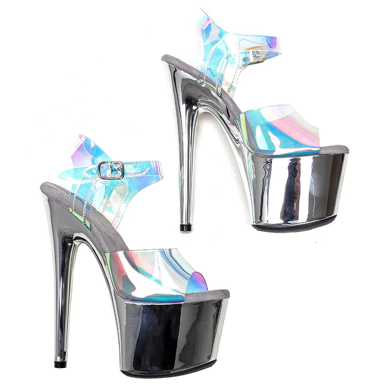 Leecabe 17CM/7Inch Holographique Exotique Sexy Mode Plateforme Sandales Fête Talons Hauts Chaussures Pole Dance Chaussures